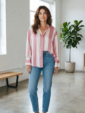 Zara womens Rose Pink and White Vertical Stripe Button-Down blouse size medium